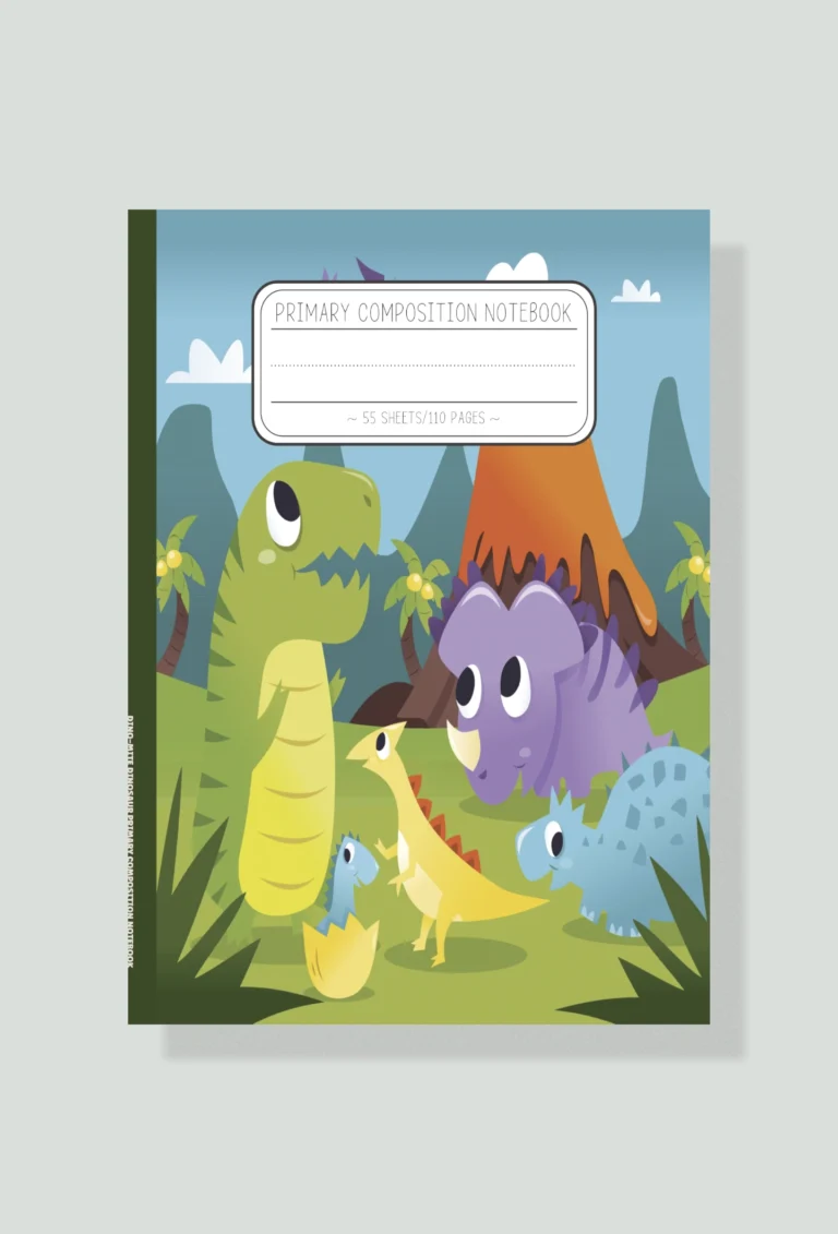 multiple dinosaurs, volcano, blue sky cartoon style notebook