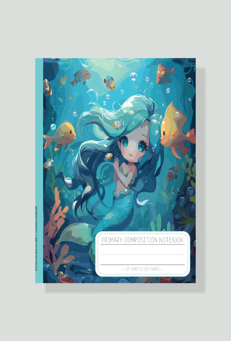 blue haired mermaid, orange fish underwater scene